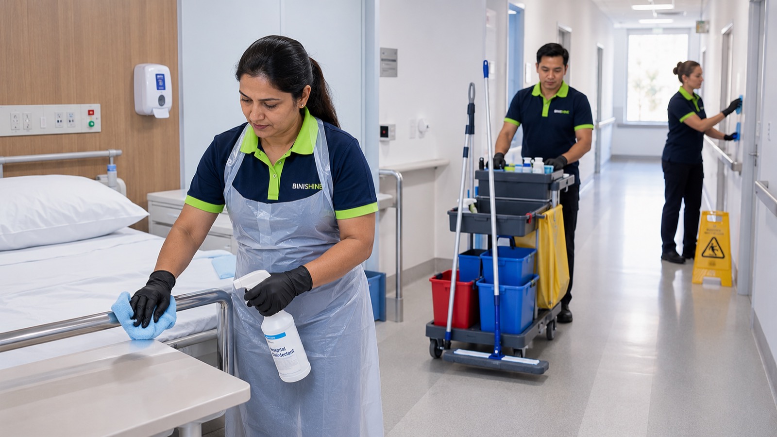 A Binishine cleaner in apron and gloves disinfecting a hospital bed rail, with a colour-coded trolley in the corridor behind